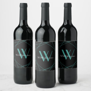 Modern Black Aquamarin Monogram Name Script Geomet Weinetikett