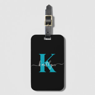 Modern Black Aquamarin Script Monogram Gepäckanhänger