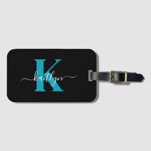 Modern Black Aquamarin Script Monogram Gepäckanhänger