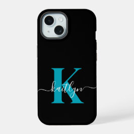 Modern Black Aquamarin Script Monogram iPhone 15 Hülle