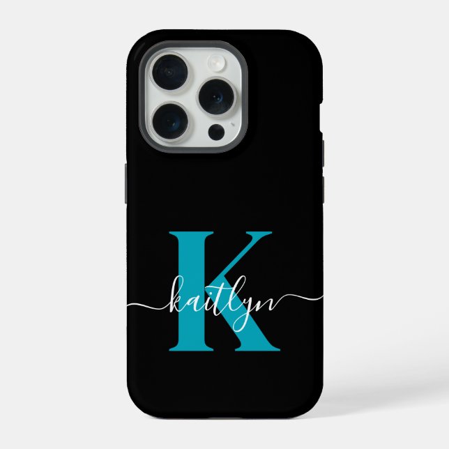 Modern Black Aquamarin Script Monogram iPhone 15 Pro Hülle (Rückseite)