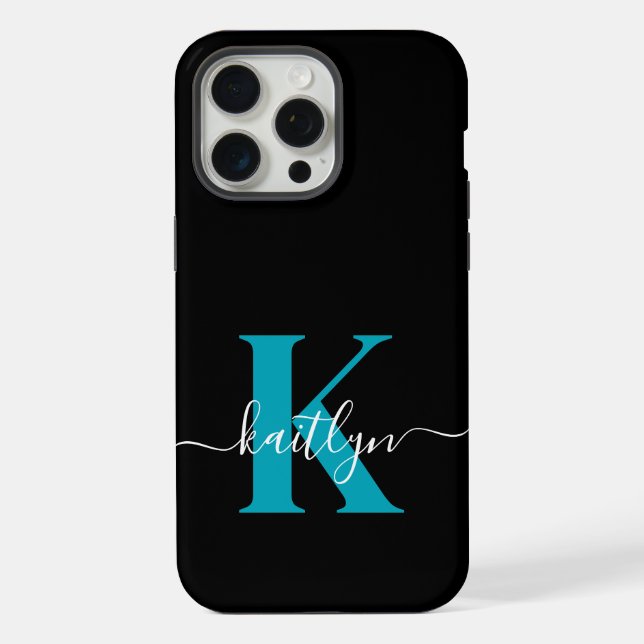 Modern Black Aquamarin Script Monogram iPhone 15 Pro Max Hülle (Rückseite)