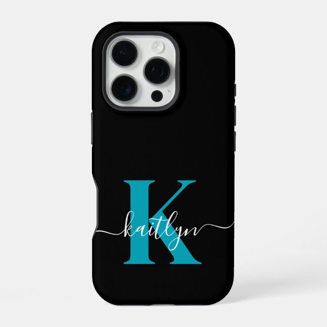 Modern Black Aquamarin Script Monogram iPhone 16 Pro Hülle (Rückseite)
