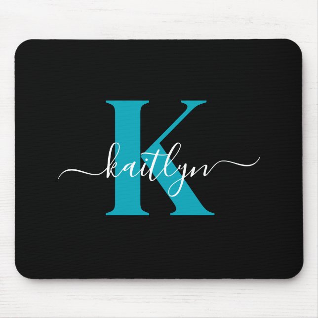 Modern Black Aquamarin Script Monogram Mousepad (Vorne)