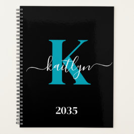 Modern Black Aquamarin Script Monogram Planer