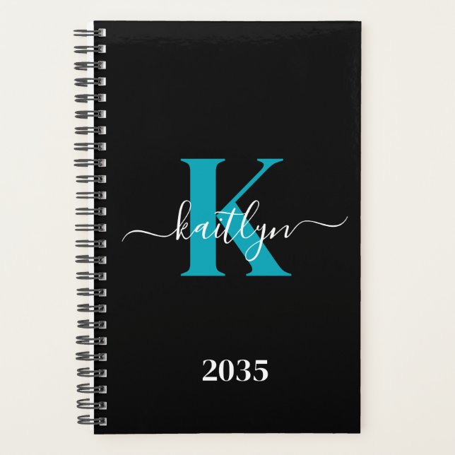 Modern Black Aquamarin Script Monogram Planer (Vorderseite)