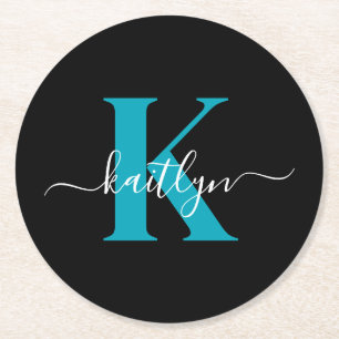 Modern Black Aquamarin Script Monogram Runder Pappuntersetzer