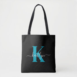 Modern Black Aquamarin Script Monogram Tasche