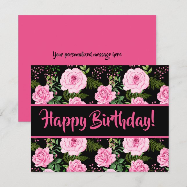 Modern Black Beautiful Pink Roses Happy Birthday (Vorne/Hinten)