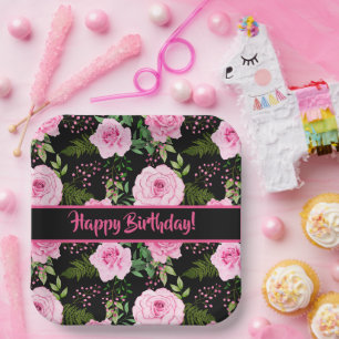 Modern Black Beautiful Pink Roses Happy Birthday Pappteller