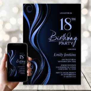 Modern Black Blue 18. Geburtstagsparty Einladung