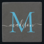 Modern Black Blue Monogram Feminine Script Name Steinuntersetzer<br><div class="desc">Eleganter Black Ocean Bright Blue Monogram Feminine Script Name Stone Untersetzer</div>
