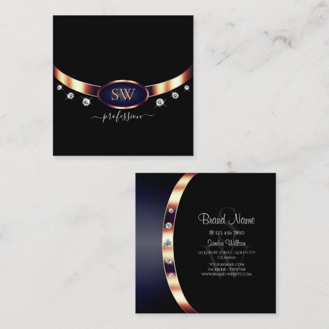 Modern Black Blue Rose Gold mit Monogram Diamonds Quadratische Visitenkarte (Vorne/Hinten)