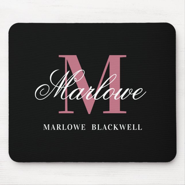 Modern Black Blush Pink Monogram Script Mouse Pad Mousepad (Vorne)