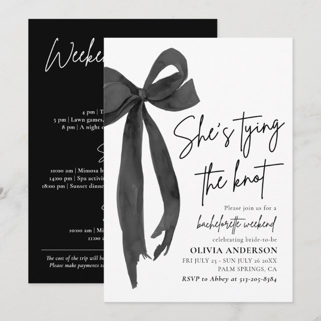 Modern Black Bow Bachelorette Wochenende Ausflug Einladung (Vorne/Hinten)