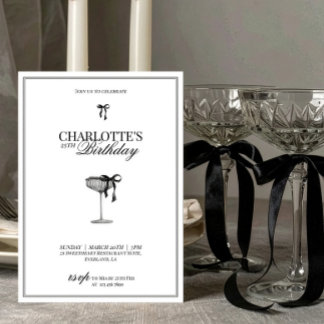 Modern Black Bow Champagne Birthday Invitation Einladung