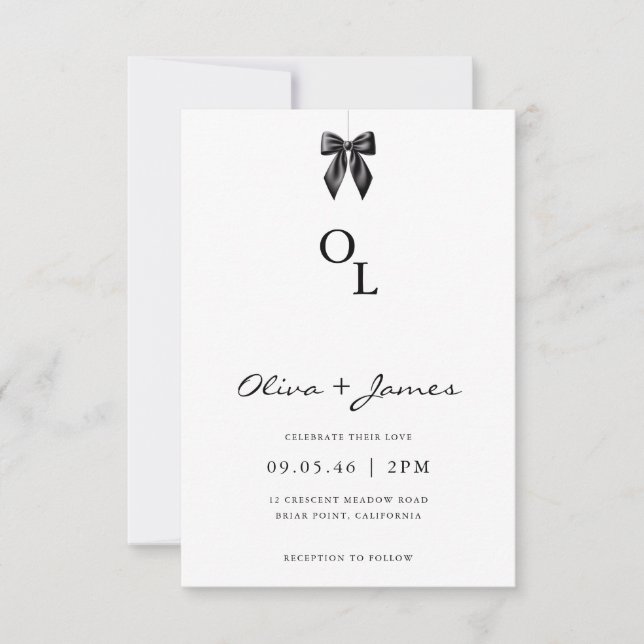 Modern Black Bow Monogram Wedding Invitation (Devant)
