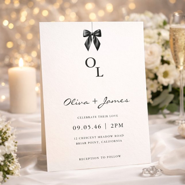 Modern Black Bow Monogram Wedding Invitation Einladung (Von Creator hochgeladen)