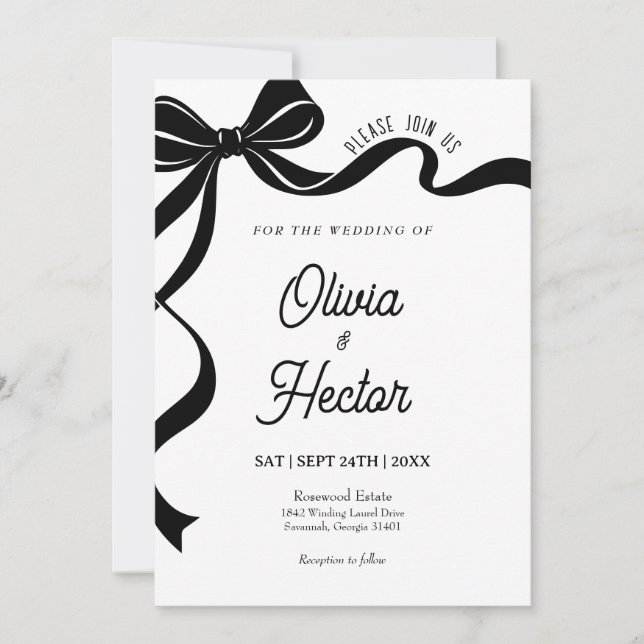 Modern Black Bow Wedding Invitation  Einladung (Vorderseite)