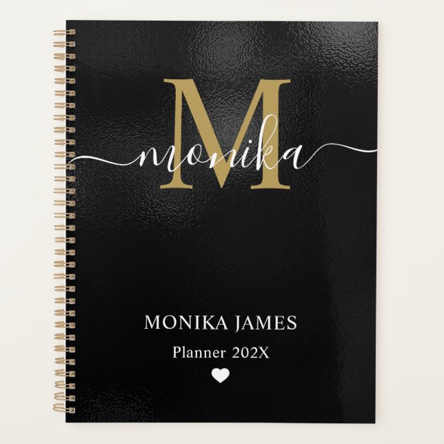 Modern Black Brushed Metal Gold Heart Monogram (Devant)