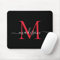 Modern Black Burgundy Red Monogram Girly Script