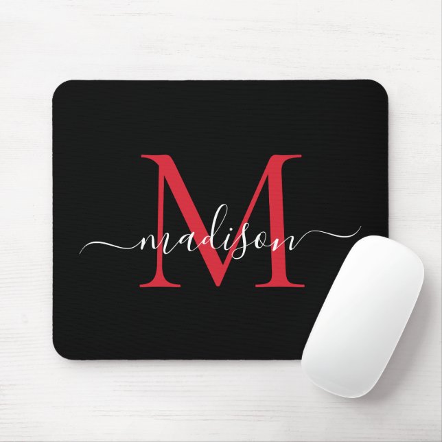 Modern Black Burgundy Red Monogram Girly Script Mousepad (Mit Mouse)