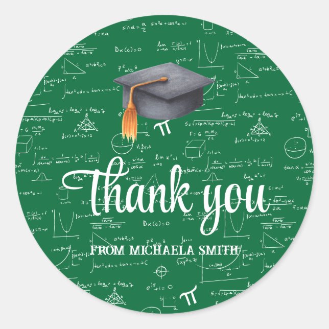 Modern Black Cap Green Math Graduation Thank You Runder Aufkleber (Vorderseite)
