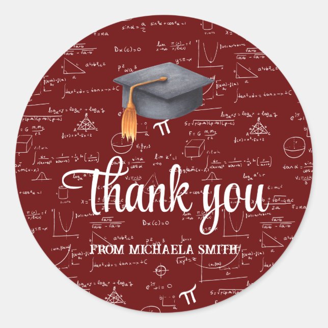Modern Black Cap Math Graduation Maroon Thank You Runder Aufkleber (Vorderseite)