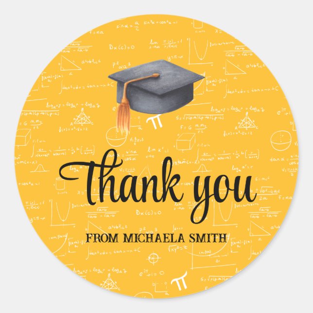 Modern Black Cap Yellow Math Graduation Thank You Runder Aufkleber (Vorderseite)