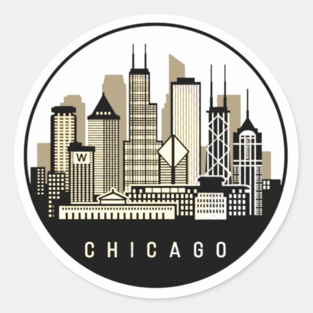 Modern Black Chicago Illinois Skyline Runder Aufkleber (Vorderseite)