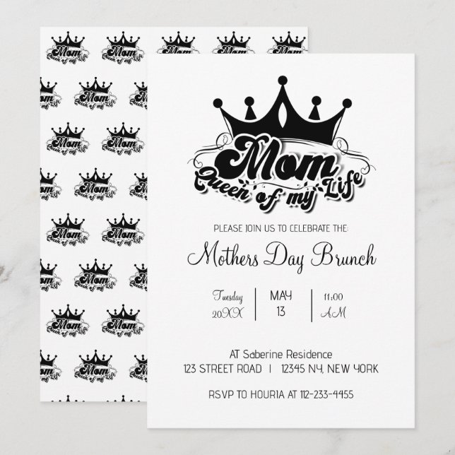 Modern Black Crown MOM Queen of my life Invitation Einladung (Vorne/Hinten)