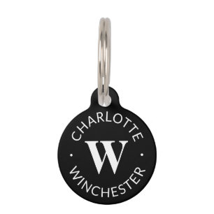 Modern Black custom dog name monogram Info Haustiermarke