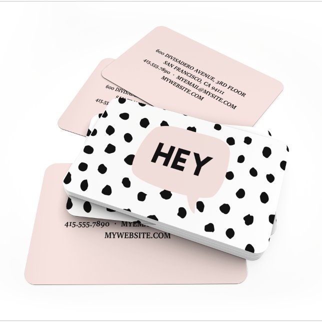 Modern Black Dots & Bubble Chat Pink With Hey Visitenkarte (Von Creator hochgeladen)