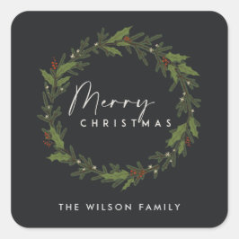 MODERN BLACK ELEGANT HOLLY BERRY WREATH CHRISTMAS QUADRATISCHER AUFKLEBER