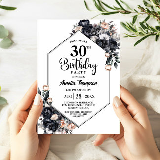 Modern Black Floral 30. Geburtstag Party Einladung