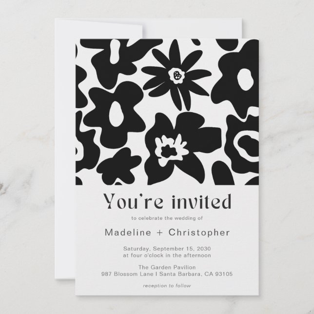 Modern Black Floral QR Code Wedding Einladung (Vorderseite)