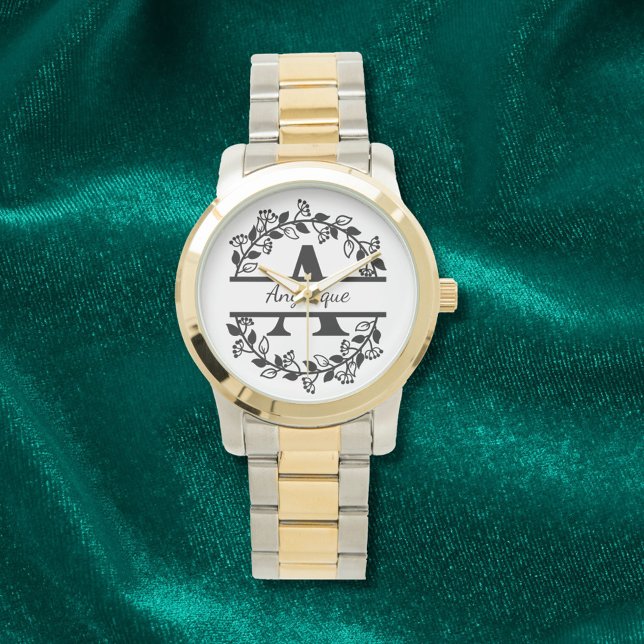 Modern Black Floral Wreath Split Monogram "A" Armbanduhr (Von Creator hochgeladen)