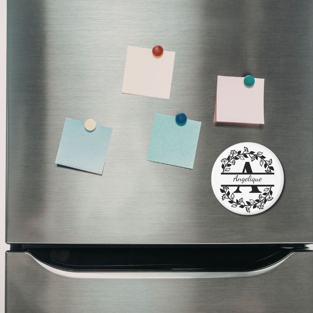 Modern Black Floral Wreath Split Monogram "A" Magnet (Von Creator hochgeladen)