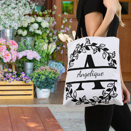Modern Black Floral Wreath Split Monogram "A" Tasche