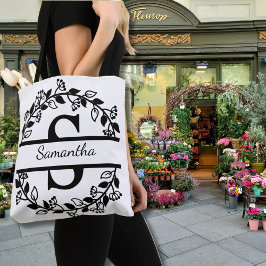 Modern Black Floral Wreath Split Monogram "S" Tasche