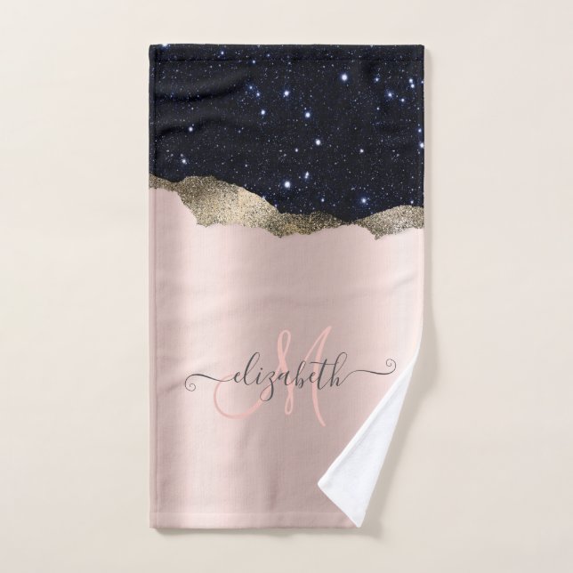 Modern Black Glitzer Rose Gold Monogram Badhandtuch Set (Handtuch)