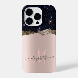 Modern Black Glitzer Rose Gold Monogram iPhone 14 Pro Hülle