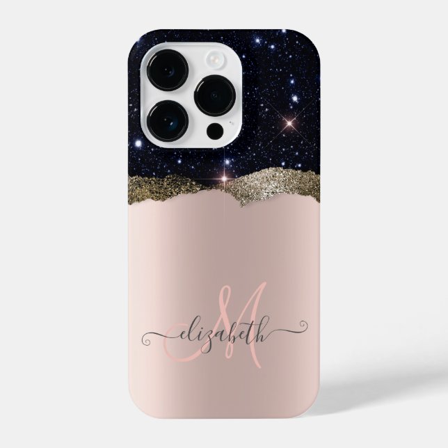 Modern Black Glitzer Rose Gold Monogram iPhone 14 Pro Hülle (Rückseite)