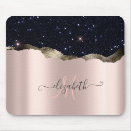 Modern Black Glitzer Rose Gold Monogram Mousepad