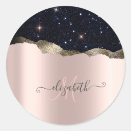 Modern Black Glitzer Rose Gold Monogram Runder Aufkleber