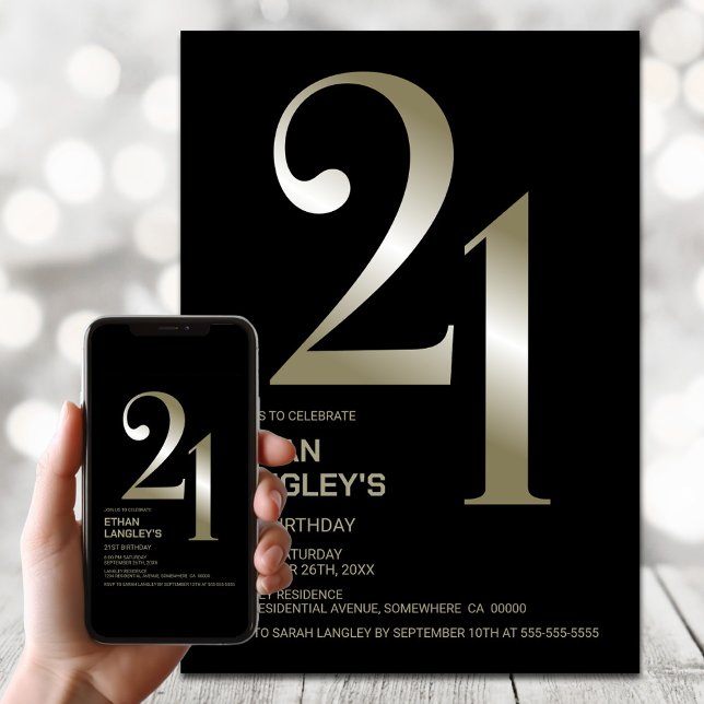 Modern Black Gold 21. Geburtstag Party Einladung (Von Creator hochgeladen)