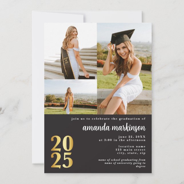 Modern Black Gold 4 Photo Graduation Announcement Einladung (Rückseite)