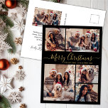 Modern Black Gold 5 Foto Collage Weihnachten Postkarte<br><div class="desc">Elegante, moderne Schwarz-Gold 5 Foto Collage Weihnachten Familie Foto Postkarten. Dieses festliche, minimalistische, skurrile 5 (5) Foto Feiertagskarte Template verfügt über eine hübsche Gitter Foto Collage und sagt "Frohe Weihnachten"! Der "Frohe Weihnachten"-Grußtext ist in einer schönen Hand geschrieben, Wirble Swash-Schwanz-Schriftart-Skript in Gold auf schwarzem Hintergrund. Auf der Rückseite mit Ihrer...</div>