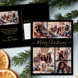 Modern Black Gold 5 Foto Collage Weihnachten Postkarte<br><div class="desc">Elegantes, modernes Script Black und Gold 5 Foto Collage Weihnachten Familie Foto Postkarten. Dieses festliche, minimalistische, skurrile 5 (5) Foto Feiertage Grußkarte Vorlage verfügt über eine hübsche Gitter Foto Collage und sagt "Frohe Weihnachten"! Der "Frohe Weihnachten"-Grußtext ist in einer schönen Hand geschrieben, Wirble Swash-Schwanz-Schriftart-Skript in Gold auf schwarzem Hintergrund. Auf...</div>