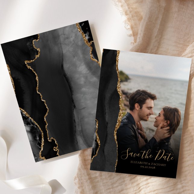 Modern Black Gold Agate Foto Save the Date Karte (Von Creator hochgeladen)